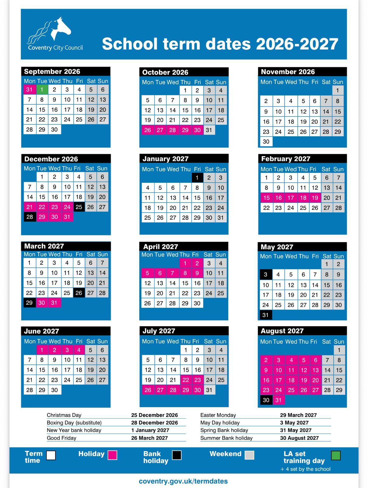 Coventry City Council School Term Dates 2026–27